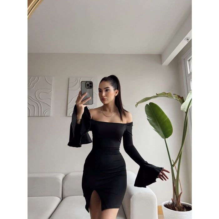 Kol İspanyol Yırtmaç Detay Elbise - SİYAH