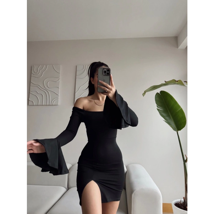 Kol İspanyol Yırtmaç Detay Elbise - SİYAH