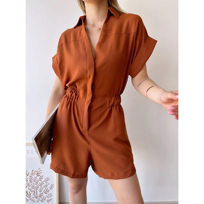 Kol Katlamalı Şortlu Tulum-KAHVE
