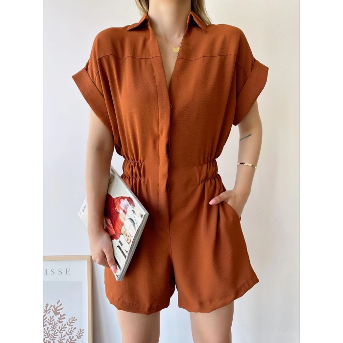 Kol Katlamalı Şortlu Tulum-KAHVE