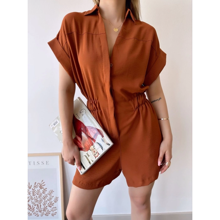 Kol Katlamalı Şortlu Tulum-KAHVE