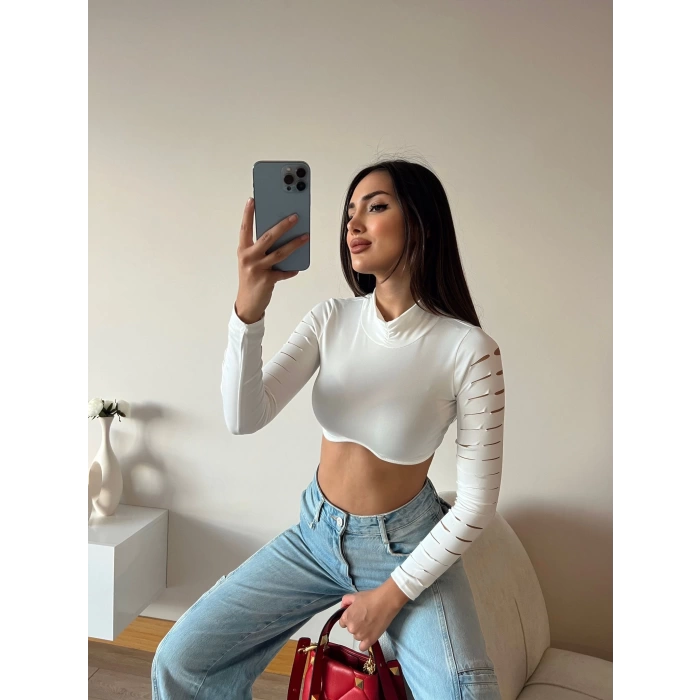Kol Kesik Sandy Crop Bluz-BEYAZ
