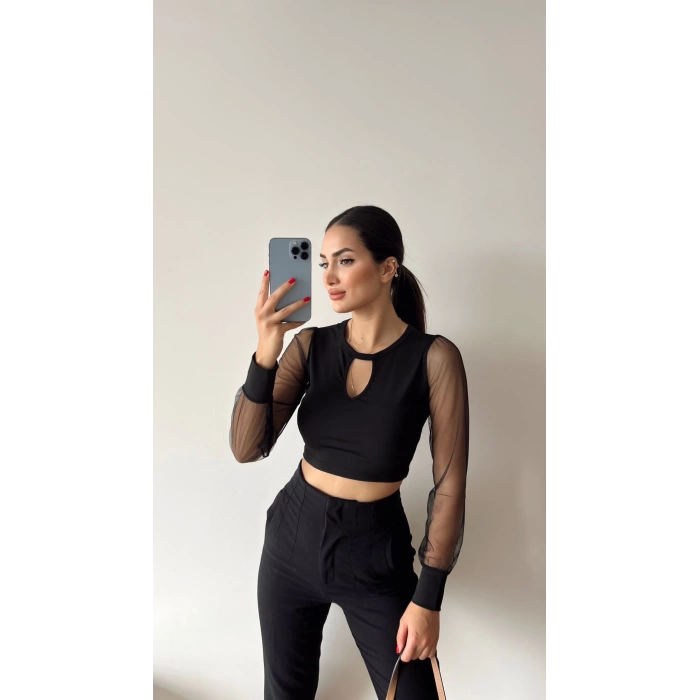 Kol Tül Damla Crop - SİYAH