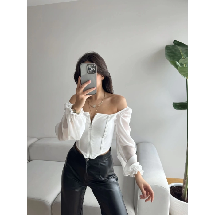 Kol Tül Fermuar Detay Madonna Yaka Crop-BEYAZ