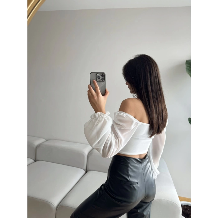 Kol Tül Fermuar Detay Madonna Yaka Crop-BEYAZ