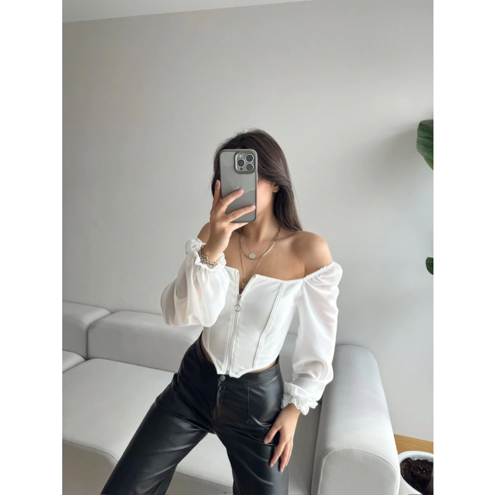 Kol Tül Fermuar Detay Madonna Yaka Crop-BEYAZ