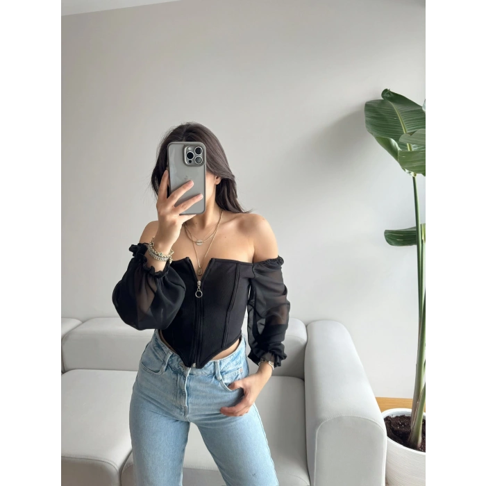 Kol Tül Fermuar Detay Madonna Yaka Crop-SİYAH