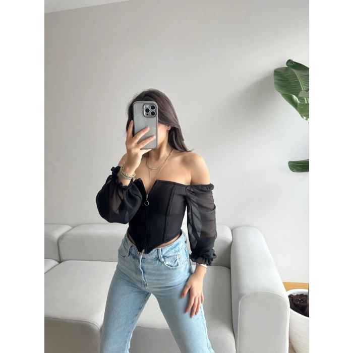 Kol Tül Fermuar Detay Madonna Yaka Crop-SİYAH