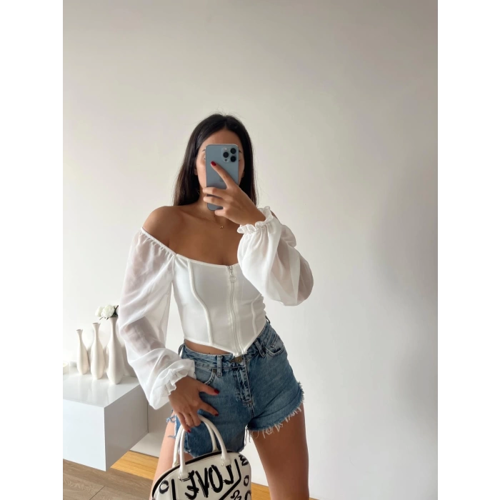 Kol Tül Fermuarlı Crop Bluz-BEYAZ
