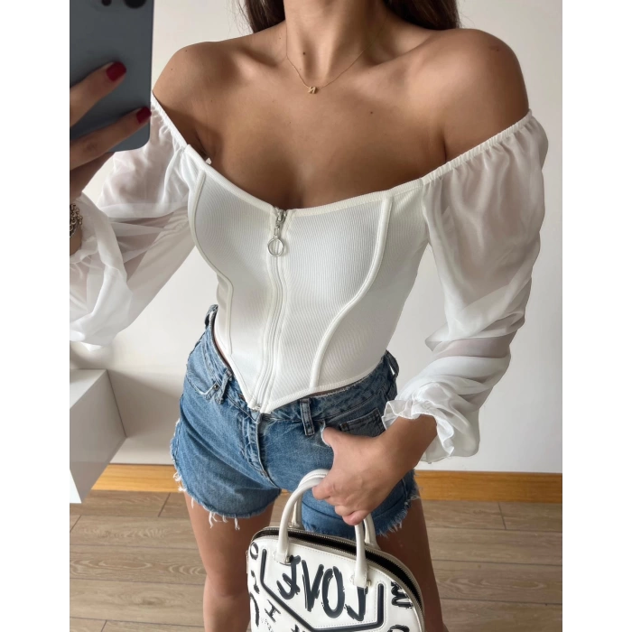Kol Tül Fermuarlı Crop Bluz-BEYAZ