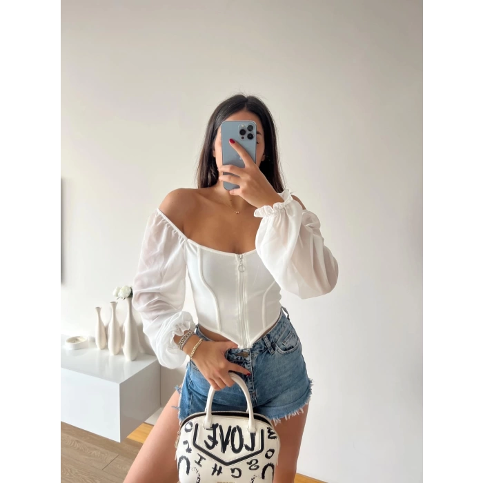 Kol Tül Fermuarlı Crop Bluz-BEYAZ