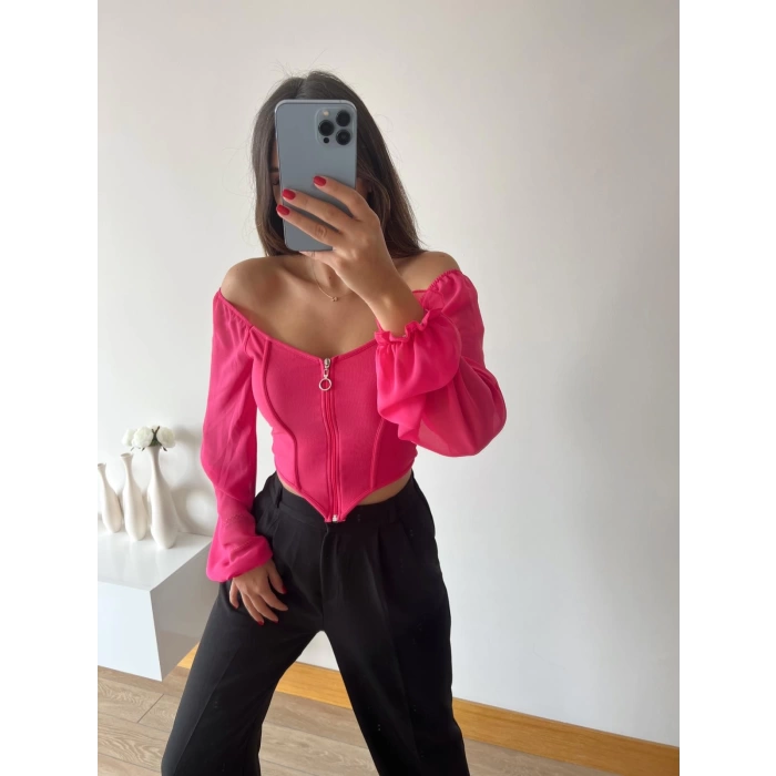 Kol Tül Fermuarlı Crop Bluz-FUŞYA