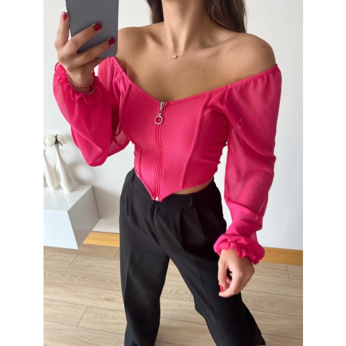 Kol Tül Fermuarlı Crop Bluz-FUŞYA
