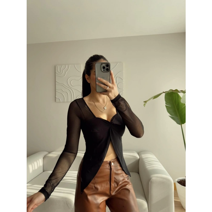 Kol Tül Kruvaze Bluz - SİYAH