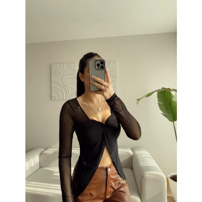 Kol Tül Kruvaze Bluz - SİYAH