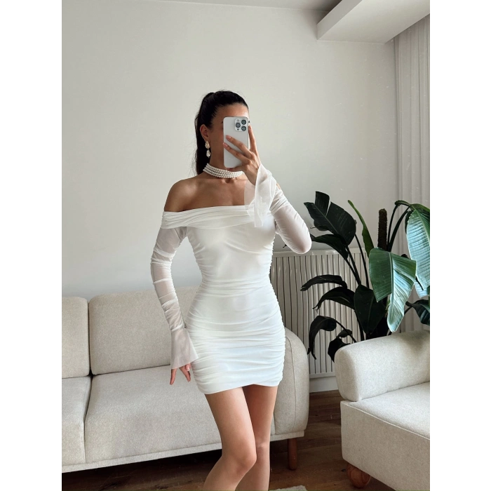 Kol Tül Madonna Elbise - BEYAZ