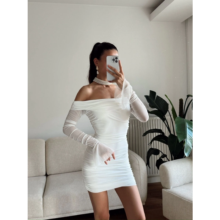 Kol Tül Madonna Elbise - BEYAZ