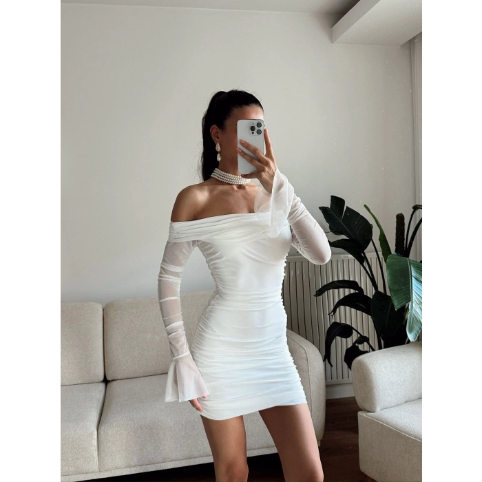 Kol Tül Madonna Elbise - BEYAZ