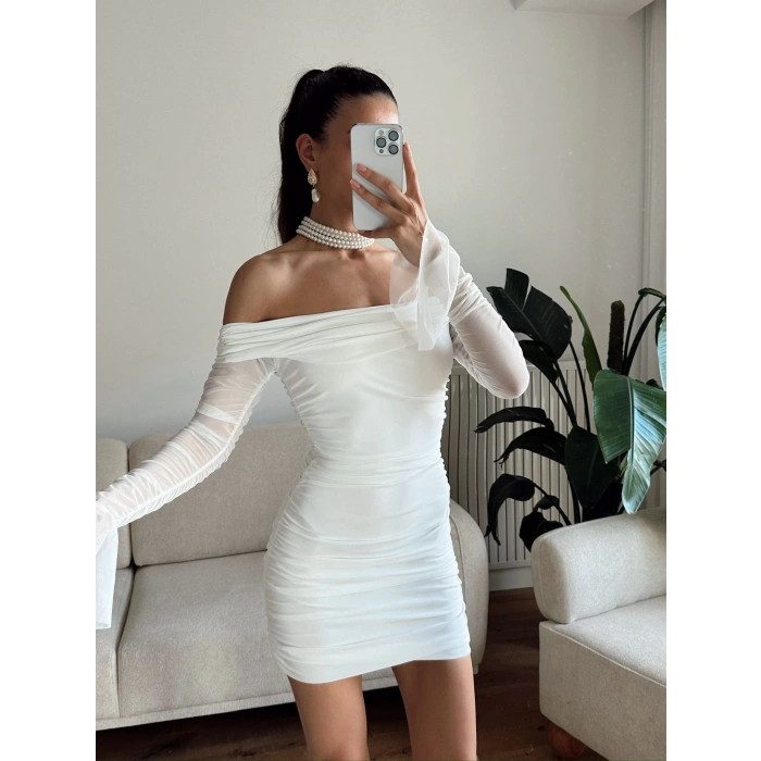 Kol Tül Madonna Elbise - BEYAZ