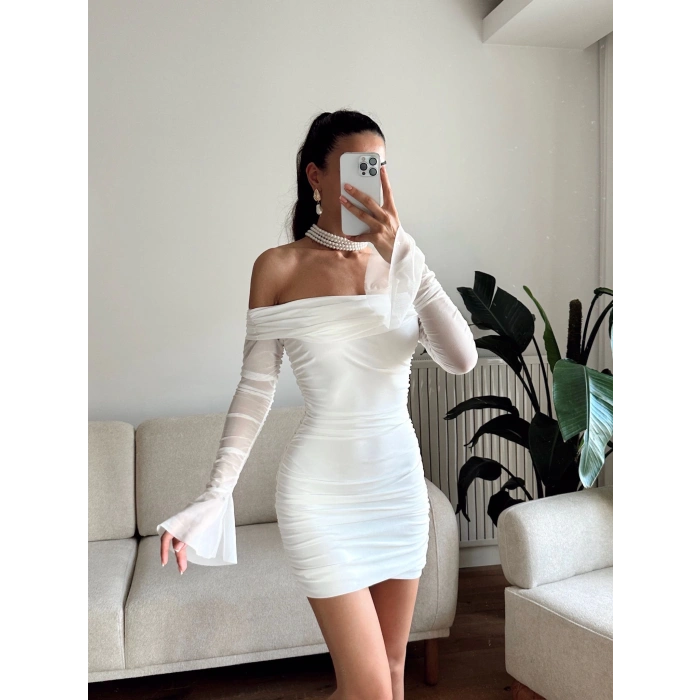 Kol Tül Madonna Elbise - BEYAZ