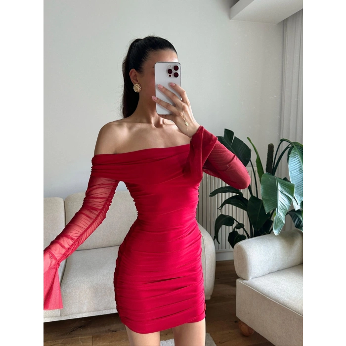 Kol Tül Madonna Elbise - KIRMIZI