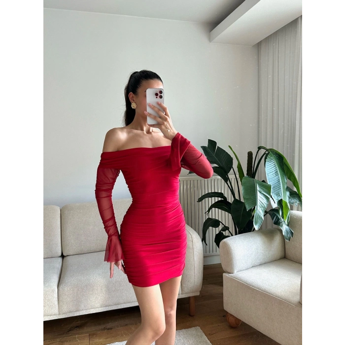 Kol Tül Madonna Elbise - KIRMIZI