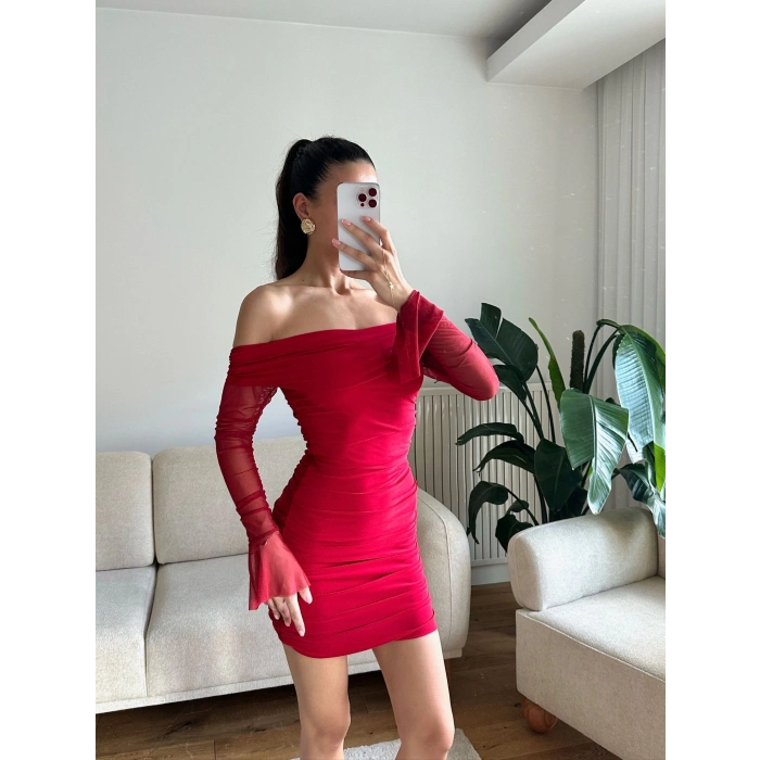 Kol Tül Madonna Elbise - KIRMIZI