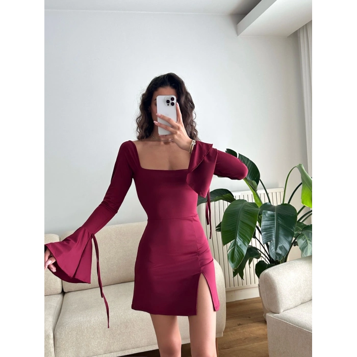 Kol Volanlı Yırtmaçlı Elbise - BORDO