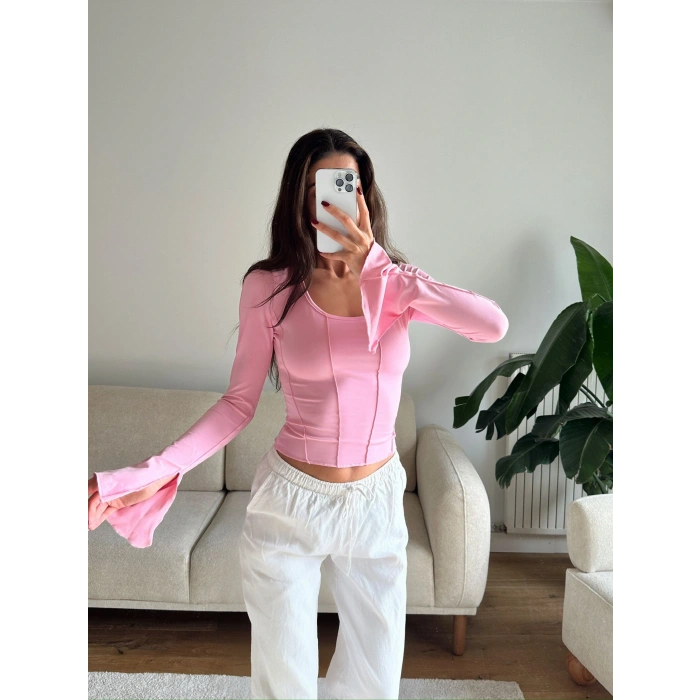 Kol Yırtmaç Biyeli Crop - PEMBE