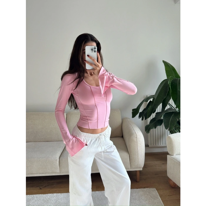 Kol Yırtmaç Biyeli Crop - PEMBE