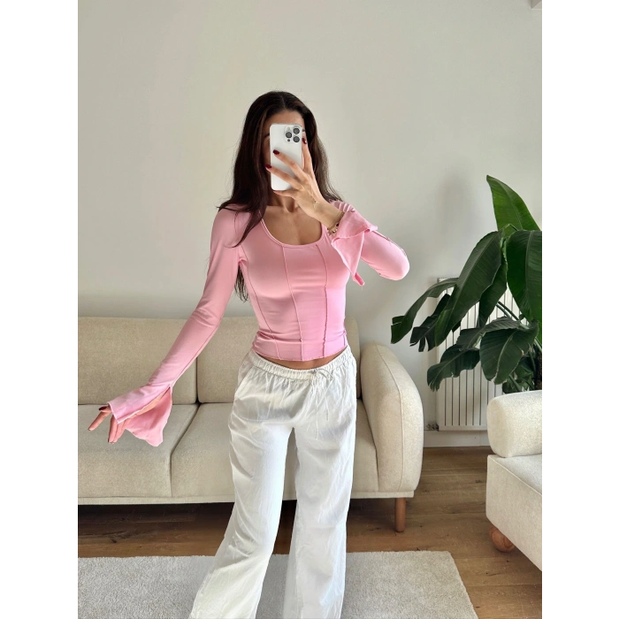 Kol Yırtmaç Biyeli Crop - PEMBE