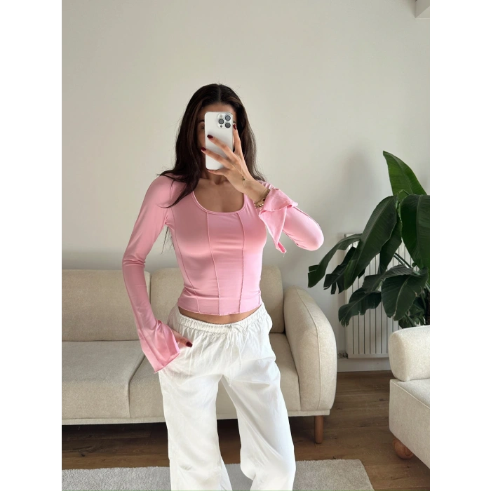 Kol Yırtmaç Biyeli Crop - PEMBE