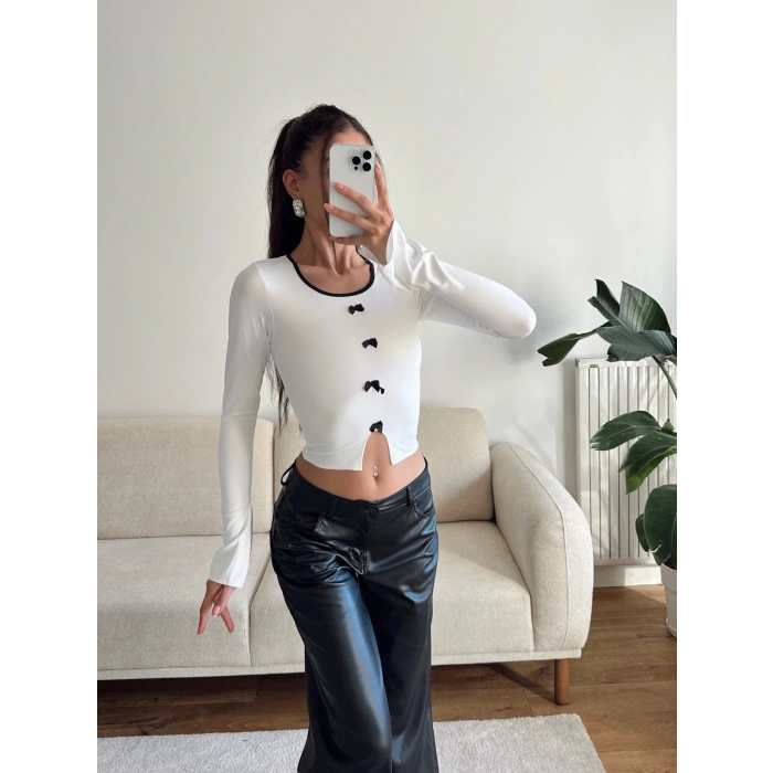 Kol Yırtmaç Fiyonk Crop - BEYAZ