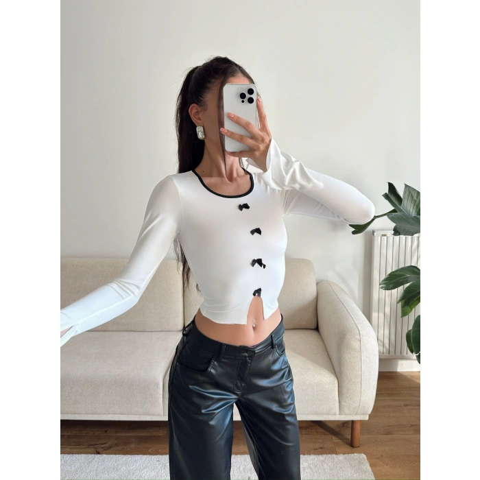 Kol Yırtmaç Fiyonk Crop - BEYAZ