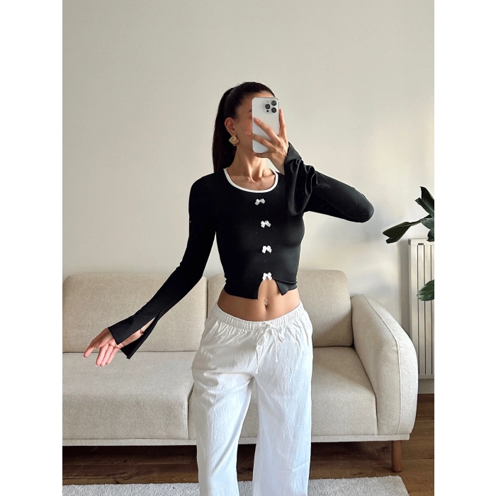 Kol Yırtmaç Fiyonk Crop - SİYAH