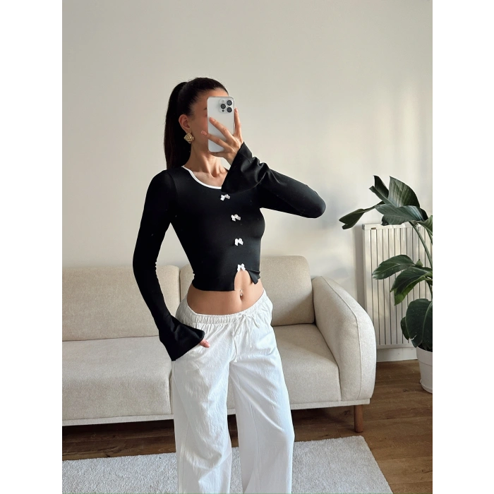 Kol Yırtmaç Fiyonk Crop - SİYAH