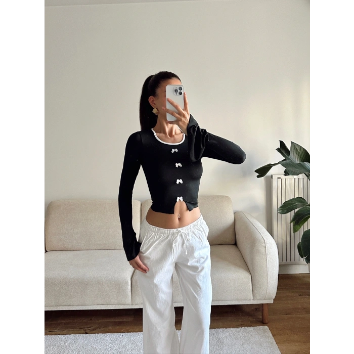 Kol Yırtmaç Fiyonk Crop - SİYAH