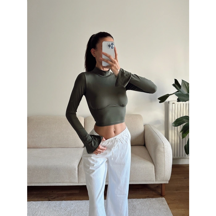 Kol Yırtmaç Yarım Balıkçı Crop - HAKİ