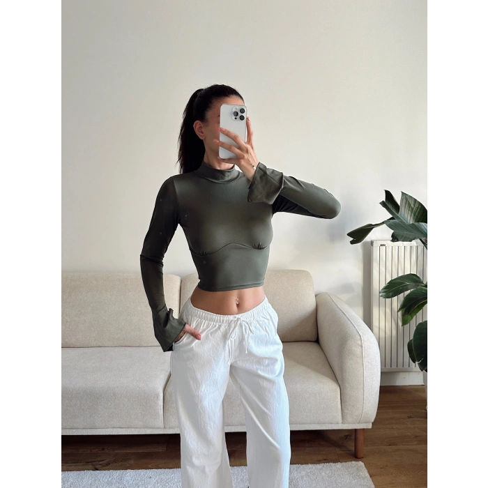 Kol Yırtmaç Yarım Balıkçı Crop - HAKİ