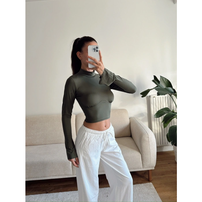 Kol Yırtmaç Yarım Balıkçı Crop - HAKİ