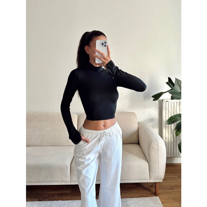 Kol Yırtmaç Yarım Balıkçı Crop - SİYAH