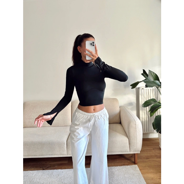 Kol Yırtmaç Yarım Balıkçı Crop - SİYAH