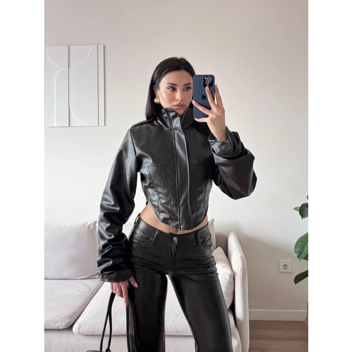 Korse Detay Deri Ceket - KAHVE