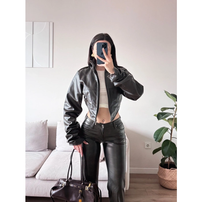 Korse Detay Deri Ceket - KAHVE