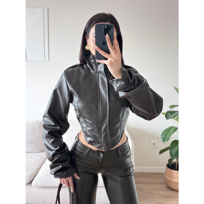 Korse Detay Deri Ceket - KAHVE