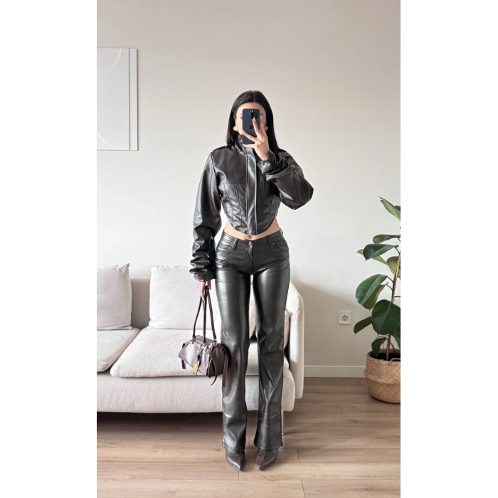 Korse Detay Deri Ceket - KAHVE