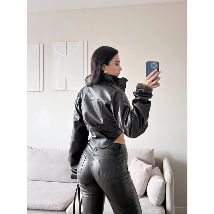 Korse Detay Deri Ceket - KAHVE