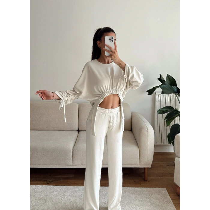Körüklü Crop & Pantolon Takım - BEJ
