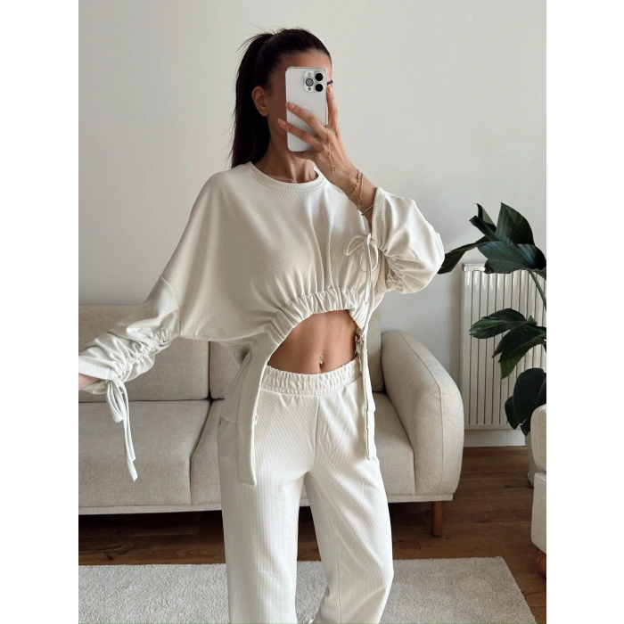 Körüklü Crop & Pantolon Takım - BEJ