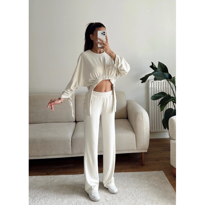 Körüklü Crop & Pantolon Takım - BEJ